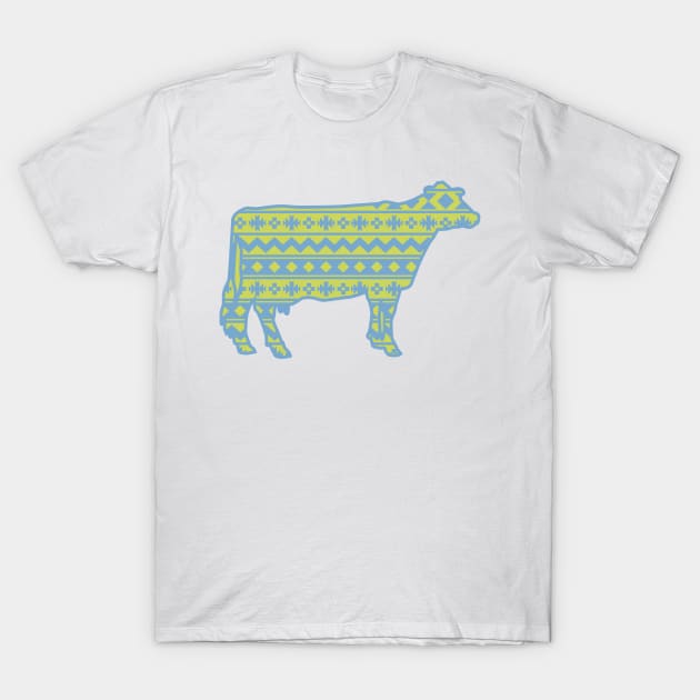 Dairy Cow Silhouette with Blue & Green Southwest Pattern T-Shirt by SAMMO